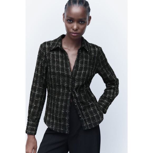 Zara Tops - Zara Black Fitted Textured Tweed Check Shirt Jacket NWT Size Medium